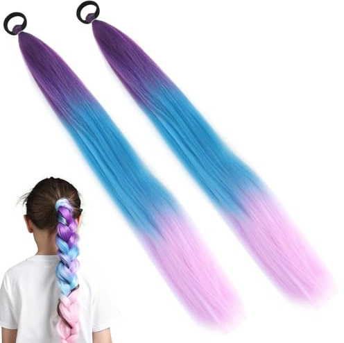 2 extension per capelli sintetici da intrecciare, 75 cm, con elastico per capelli, ciocche colorate per bambini, extension per capelli viola, per feste di carnevale