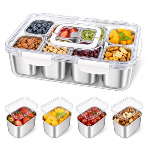 Baolivi Snackbox mit 8 Fächern, Snackboxen aus Edelstahl mit Deckel – für optimale Frische, Snackdose mit 8 Edelstahl Fächern für Picknicks, Partys und die Küche