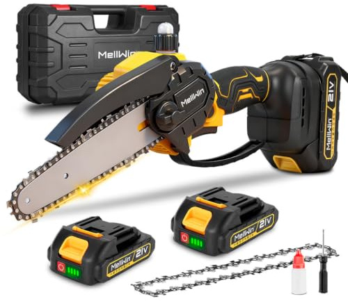 Mini tronçonneuse sans fil 15 cm (6 pouces), moteur 1500 W en cuivre pur, 2 batteries incluses–Scie d'élagage sans fil, 4000 tr/min, montage sans outil, le bois et la coupe de branches