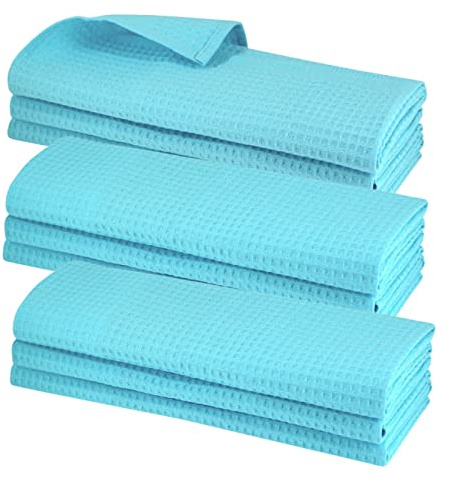 Gariella - 9er Set Geschirrtücher, Küchentücher, Türkis, 100% Baumwolle, Putztuch mit Aufhänger, 70 x 50 cm, Waffelpiqué, Gastronomiequalität, Waffelmuster, saugstark, robust