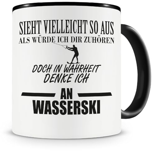Samunshi® Ich denke an Wasserski Tasse Kaffeetasse Teetasse Kaffeepott Kaffeebecher Becher 300ml schwarz