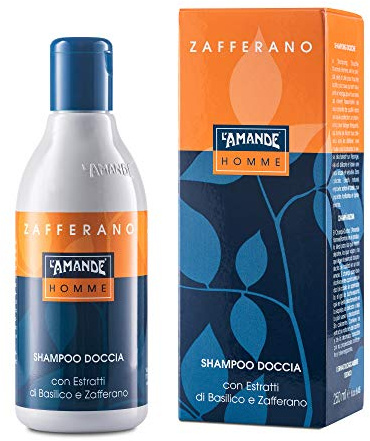 L'AMANDE - Champú para hombre con extractos de albahaca, gel de ducha y baño, hidratante para cuerpo y cabello, espuma de baño suave y natural - Azafrán, 250 ml
