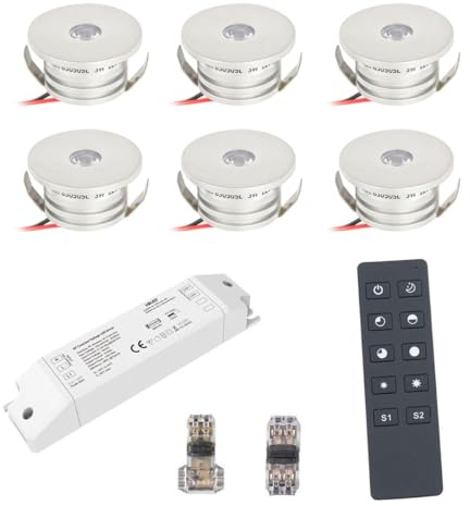 VBLED® 6er Funk Set 3W Mini-Einbauspot Einbaustrahler warmweiß IP44 12V DC Inkl.LED Trafo, Fernbedienung und Verbinder Unbegrenzte Möglichkeiten: Terrasse, Bad, Wohnbereich