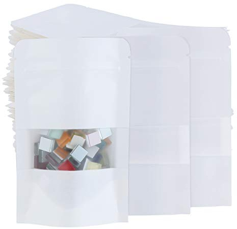 TsunNee 100PCS Kraft Paper Stand Up Food Bags, Reusable Ziplock Seal Bags, White Kraft Paper Food Packing Bag with Transparent Window, 9x14cm