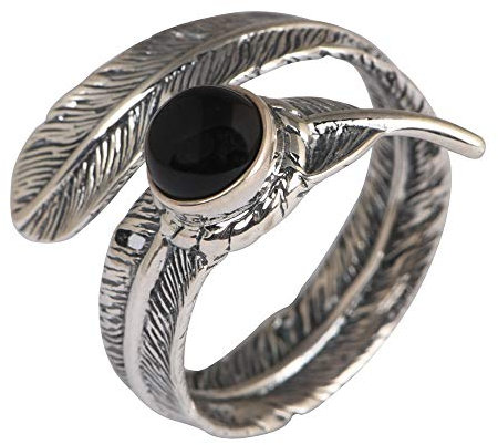 Einstellbare Ring Frauen,S925 Sterling Silber Vintage Feder Eingelegt Schwarz Rund Achat Stein Charme Verstellbar Open Knuckle Schwanzring Finger Joint Zehenring Schmuck Für Frauen Mädchen Geschen