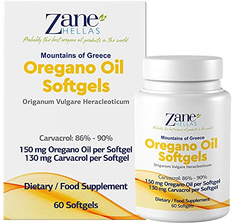Zane Hellas Oregano Oil Softgels - Den högsta koncentrationen i världen - 150 mg Eterisk Oreganolja - 130 mg Carvacrol per Softgel - 120 Softgels - Förpackning med 2