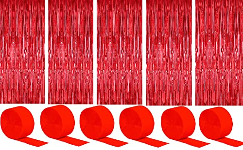 6 Stück Folienvorhänge Fransen, Metallische Glitzervorhang Fringe, Glitzer Tinsel Curtain, Folienfransen Vorhang für Weihnachtsbaum Party Deko Geburtstagsdeko + 6 Stück Krepppapier, Rot