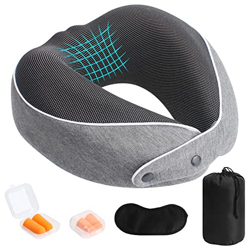 Oreiller de Voyage Oreiller de Cou à Mémoire de Forme Oreiller de Voyage Cervical avec Masque pour les Yeux, Bouchons d’Oreilles et Sac de Rangement, Coussin de Voyage pour Bureau Voiture Avion