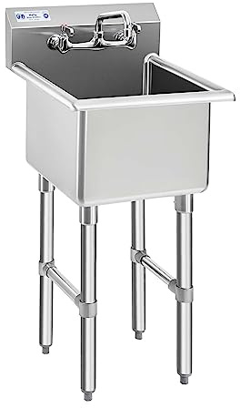 HALLY Commercial Stainless Steel Sink 1 Compartment NSF Prep & Utility Sink with 8 Faucet 15 L x 15 W x 12 D Bowl for Bar, Restaurant, Kitchen, Hotel and Home