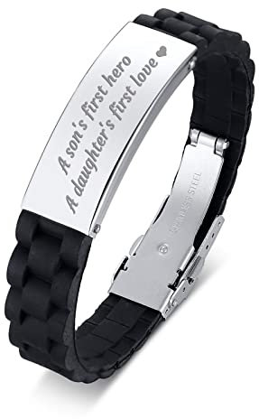 Whoiy Edelstahl Armband Herren Silber, Männer Armreif Erkennungsmarke mit Gravur A Son’S First Hero, A Daughter’S First Love Modeschmuck