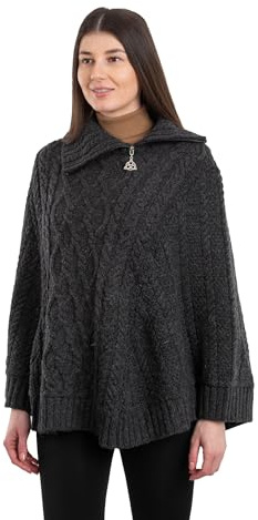 SAOL Ireland Ladies 100% Merino Wool Cowl Neck Zipper Poncho (as1, alpha, s, m, regular, regular, Charcoal)