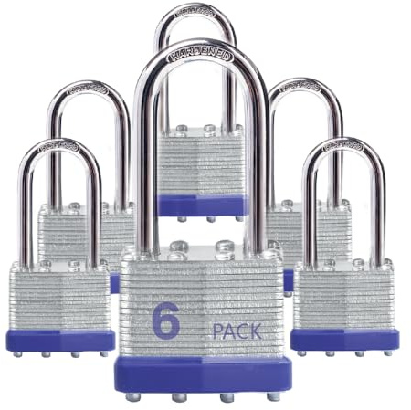 Lock Outdoor Padlocks, Key Lock, Padlocks with Same Key - Laminated Steel Keyed Padlocks with Long Shackle, 6 Pack, for Hasp Latch, Sheds, Fences, Storage Locker, School, Gym