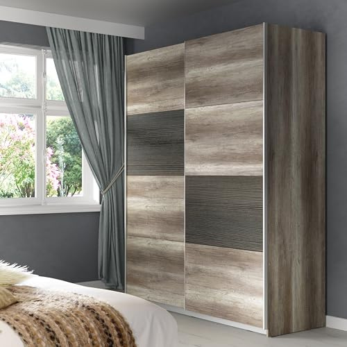 FORTE Skive Schrank 170, Kleiderschrank, Schwebetürenschrank Industrial Schlafzimmer Jugendzimmer 2-türig, Holzdekor: Eiche Antik/Touchwood, 170 cm breit x 210 cm hoch x 61 cm tief
