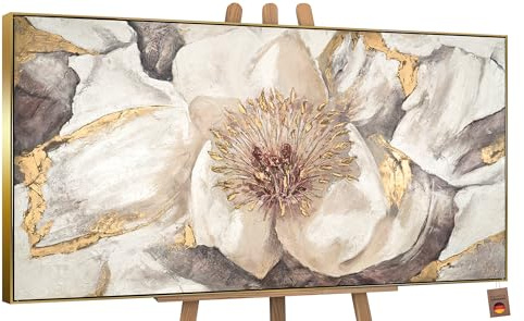 YS-Art Abstrakt Acryl Gemälde auf Leinwand Malve handgemalt Wandbilder Wohnzimmer modern Wohndekor Bilder Büro Praxis Beige Blumen Blüte echte Kunst mit Rahmen 100x50 cm