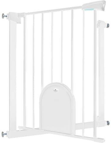 HENGMEI Griglia di protezione per scale, senza foratura, 75-85 cm, chiude automaticamente la porta in metallo per la sicurezza dei bambini, colore bianco (con porta per animali domestici)