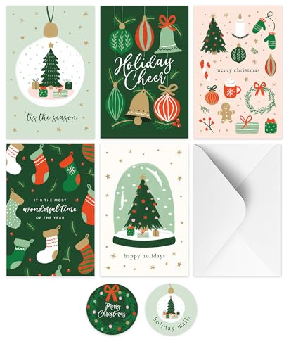 Rileys & Co. Julkort sortiment, 50-pack semestergratulationskort set med kuvert och klistermärken, 5 olika mönster, Merry Christmas Cards Bulk, 15 x 10 cm julkort med kuvert