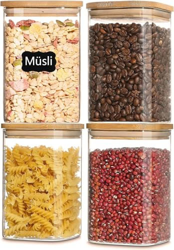 LATRAT Vorratsgläser mit Deckel Set, Aufbewahrung Luftdicht Vorratsgläser mit Deckl, Aufbewahrungsgläser für Cornflakes, Spaghetti, Bohnen, Mehl, Transparent 1100ML*4