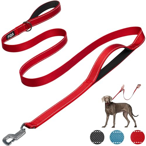 Fida Heavy Duty Dog Lead, 1.8M/6FT Dog Leads for Medium/Large Dogs, Red | Traffic Handle for 40CM Close Control, Heavy Duty Quick-Snap Hook, Reflective Stitching, for Day & Night Walks, for Training