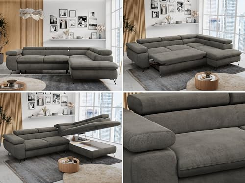 MKS MEBLE Ecksofa Wohnlandschaft L-Form mit Schlaffunktion und Bettkasten, Schlafsofa mit Bettkasten, Sofa mit Einstellbare Kopfstützen, Peter L - Velvet - Rechts Dunkelgrau