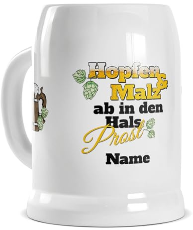 Tassendruck Bierkrug selbst gestalten mit Name - Hopfen und Malz - Personalisiertes Geschenk für Biertrinker, Bier Geschenke, Bierkrug bedrucken, Bierliebhaber | Fotogeschenk, 500 ml, Keramik Weiß