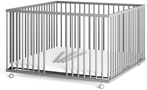 Sämann Laufstall Baby XXL 120x120 cm mit Matratze und 3 Schlupfsprossen | TÜV geprüft 2024 | stufenlos höhenverstellbar | Laufgitter Premium | Babybett aus Holz | Krabbelgitter grau