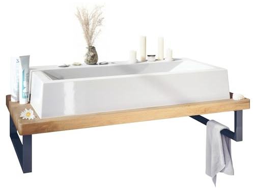 Vladon Badmöbel Nizza Waschbecken mit Waschtischplatte in Farbe Eiche Wotan und Waschtischhalterung aus Metall in Schwarz (95 x 31,4 x 51 cm)
