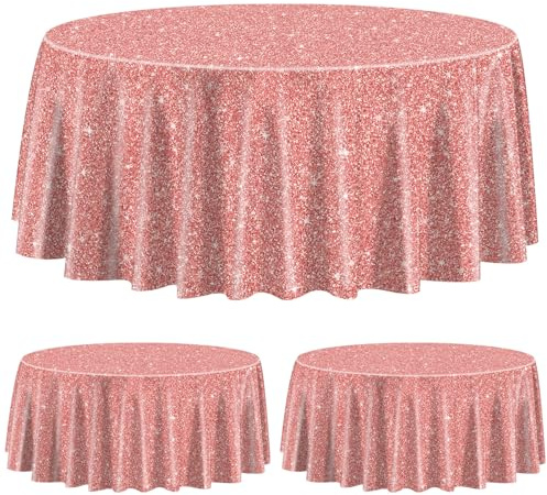3 Pack Pink Rose Gold Tablecloths for Round Table, 84x84'' Rose Gold Sequin Printed Plastic Round Table Cover, Rose Gold Glitter Party Decorations for Girls Birthday Wedding Graduation Princess Party