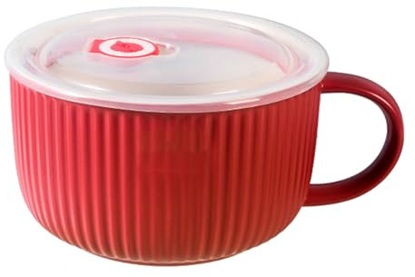 Jumbo Suppentassen Mit Deckel, 1200 ML Ramen Schüssel Instant Nudel Keramik Suppenschüsseln Mit Henkel Breit Haferflocken Frühstückstasse Für Mikrowelle -Rot-1200ml