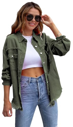 amropi Giacca Jeans con Bottoni Donna Giubbino Strappato Denim Jacket Leggere Camicetta Giacche Verde Militare, L