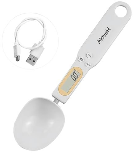 AloveH Báscula digital de cuchara para alimentos, precisión de 500 g/0,1 g, recargable por USB, pantalla LCD, báscula de cocina compacta para cocinar y hornear