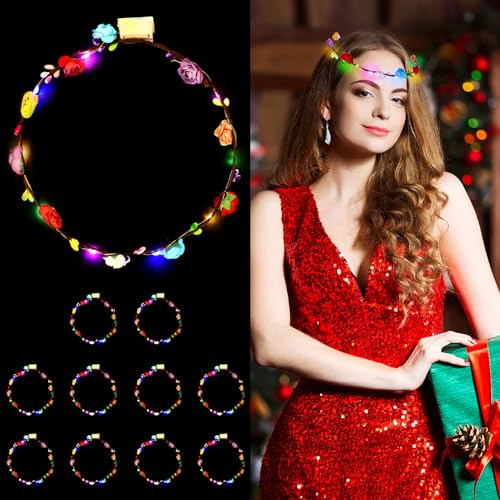 YUNYODA LED Haarschmuck 10 Stück, Frauen und Mädchen LED Blumenkranz Haare Leuchtend, Stirnband Haarreif Leuchtende Festival Kopfschmuck für Weihnachten, Neujahr, Party, Hochzeit Dekor
