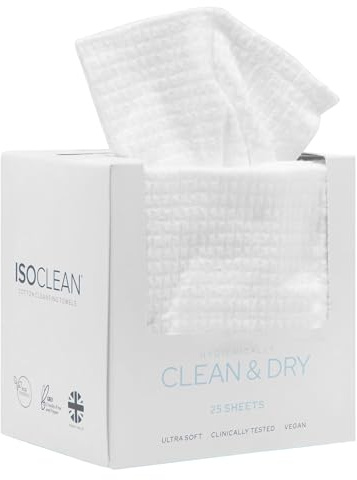 ISOCLEAN Disposable Face Towel - Soft Cotton Dry Wipes for Make-up Removal, Facial Cleansing & Skincare - Dual-Texture Design, Gentle Face Cloth for Sensitive Skin with No Added Fragrance - Box of 25