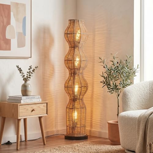 HOFSTEIN golvlampa Cardeira, golvlampa i skandinavisk design, boho-stil med skärm gjord av råttor i natur och ljuseffekt, E27, höjd 111 cm, fotomkopplare - vardagsrum, sovrum, matsal, hall