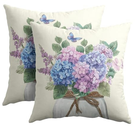 Kawani Copricuscino quadrato con fiori di ortensia, 55 x 56 cm, motivo farfalla, viola, blu, floreale e foglie, in cotone e lino, per divano, letto, decorazione della casa