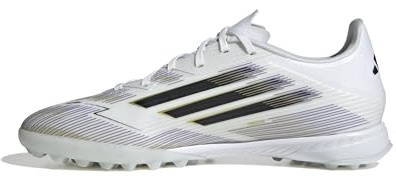 adidas Botas de fútbol unisex para niños F50 League Turf, Blanco Negro Oro Metálico, 32 EU