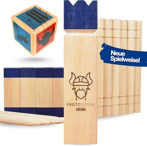 FrotzDesign® Kubb Extreme - Das Neue Königsblaue Premium Wikingerspiel | Hochwertig Robust - Original Outdoor Spielzeug aus Holz | Jetzt mit Würfel Outdoor Spiele für Kinder Gartenspielzeug Kinder
