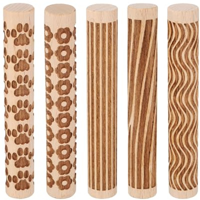 sourcing map 5pcs Wood Clay Roller 4 Wood Grain Pattern Rolling Pins Wood Rollers Pottery Tools Wood Grain Texture Rollers for Clay Baking Dough Playdough DIY