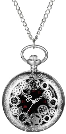 Avaner fickur med kedja kugghjulsdekoration: Silver fickur med arabiska siffror halsband klocka tröja kedja analog kvartsklocka gåva för kvinnor män, silver