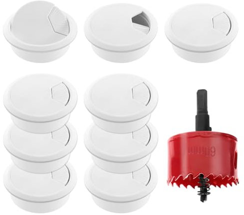 GOIYZTTR 9 Piezas Pasacables de Escritorio con Sierra Perforadoras 60mm Pasacables Mesa Pasacables Redondo Blanco para Organizar Cables de Escritorio