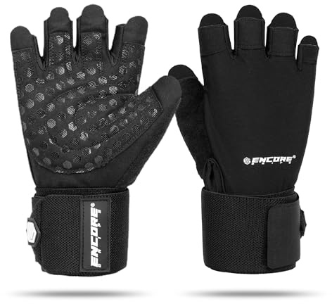 Encore Grips Fitness Handschuhe Herren & Damen mit Handgelenkbandage, Griffpolster Funktion durch gepolsterte Handfläche & Silikon Grip, Trainingshandschuhe für Gym, Krafttraining & Bodybuilding