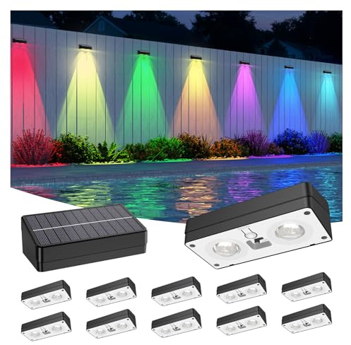 ZCXLIGHT Solar Fence Lights Outdoor,Fence Solar Lights Outdoor IP65 Waterproof Designed with 12 Modes RGB 10 Colors for Wall Step Pool Railing Patio Backyard Holiday Feature Decorations (12 Pack)