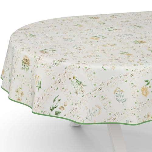 Wachstuchtischdecke Wachstischdecke Wachstuch Tischdecke abwaschbar Gartentischdecke Wasserabweisend Oval 180x140cm mit Saum (Eingefasst) Blumenkaro Beige