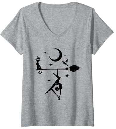 Damen Netter Aerialist und Katzen-Halloween-Lufttanz T-Shirt mit V-Ausschnitt