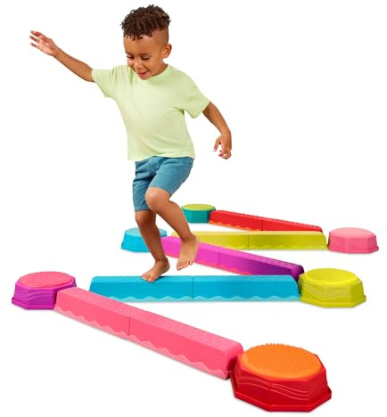 B. toys Balance Beam Set, 10 Beams & 6 Sensory Stepping Stones, Rainbow | Balance & Build Set in rainbow colors with 16 interlocking pieces, 10 beams and 6 sensory stepping stones, Summer, 3+ Years
