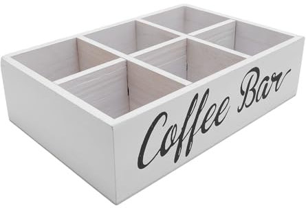 Nikou Organizador de estación de café con divisor, caja de almacenamiento de madera para encimera, sostiene bolsas de té y cápsulas de café, diseño blanco de granja