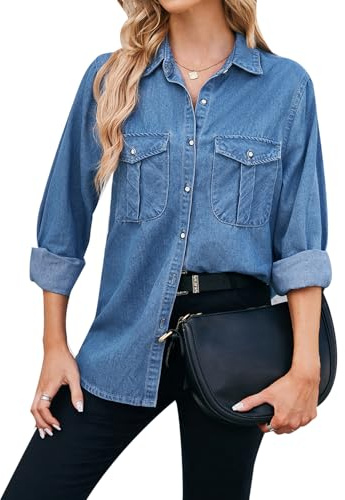 MINTLIMIT Womens Denim Shirt Long Sleeve Button Down Shirt Casual Jean Shirt Jacket Vintage Denim Blouses Tops with Pockets