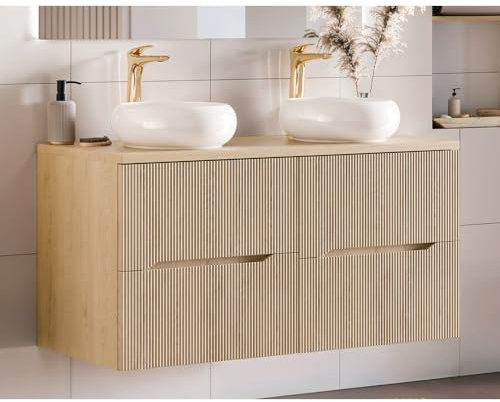 Lomadox Badezimmer Doppelwaschtisch mit 2 Keramikwaschbecken, 120 cm breit in Eiche, 4 Softclose-Schubladen mit Rillenoptik, grifflos modern
