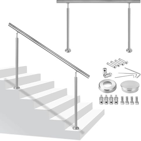 VANCHEMO Treppengeländer Edelstahl Handlauf Geländer für Treppen, Innen und Außen, Balkon, Brüstung, Silber, Länge: 80/100/120/150/160/180/200 cm, mit 0/2/3/5 Querstreben