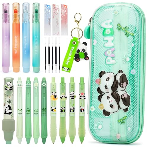 Anyfirst Federmappe Mädchen Panda mit Stifte, Geschenke für Mädchen Kinder 4 5 6 7 8 9 Jahre, Kawaii Panda Stifte & Schreibwaren Set mit Kawaii Panda Federmäppchen, Textmarker & Radiergummi Stift