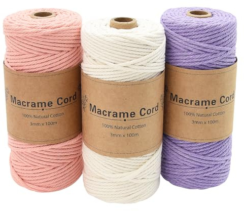 Coriver Hilo Macrame 3 mm, 3x100M Hilo de Macrame, Cuerda Macrame, Cordón de Algodón de Macramé, Hilos Macrame para Tapices Manualidades Cortinas Bricolaje Hogar Decoracion (5.Morado+Rosa+Beige)